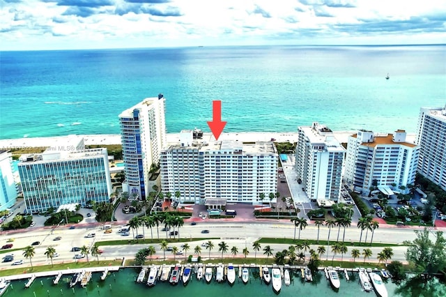 drone / aerial view featuring a water view and a city view