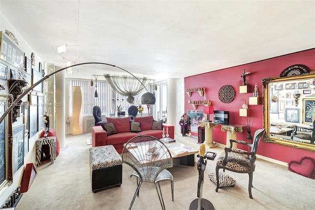 living room featuring light colored carpet