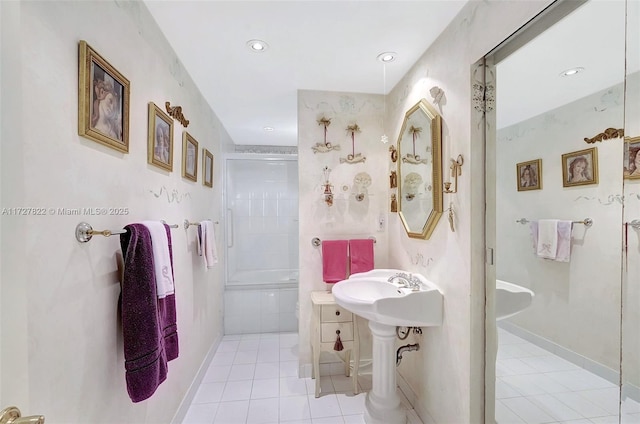 full bathroom featuring baseboards, a shower stall, and tile patterned floors