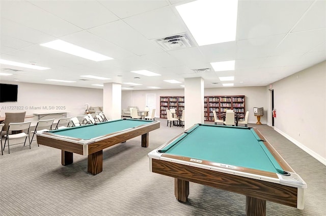 playroom featuring carpet flooring, billiards, and visible vents