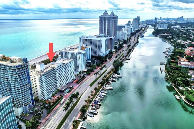 drone / aerial view featuring a water view and a city view