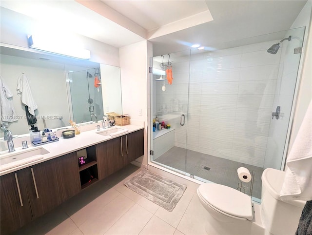 full bathroom with tile patterned flooring, a shower stall, toilet, and a sink