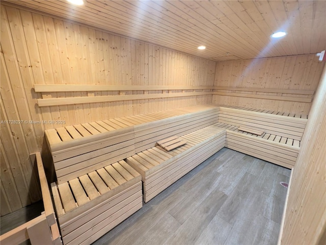 view of sauna with wood-type flooring