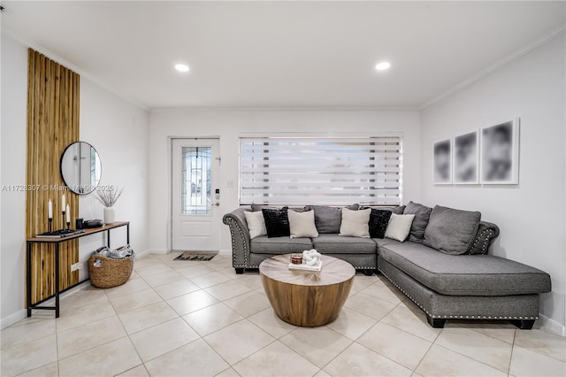 living room featuring light tile patterned floors and crown molding