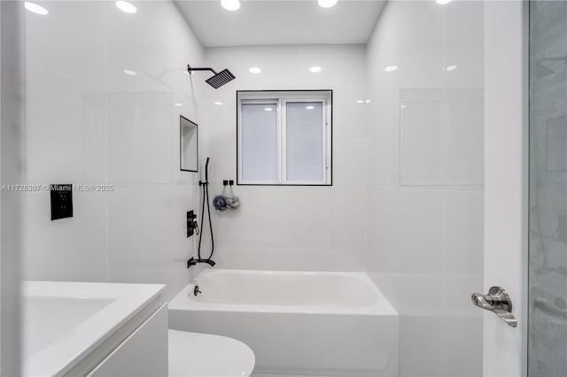 full bathroom with toilet, vanity, and shower / bathing tub combination