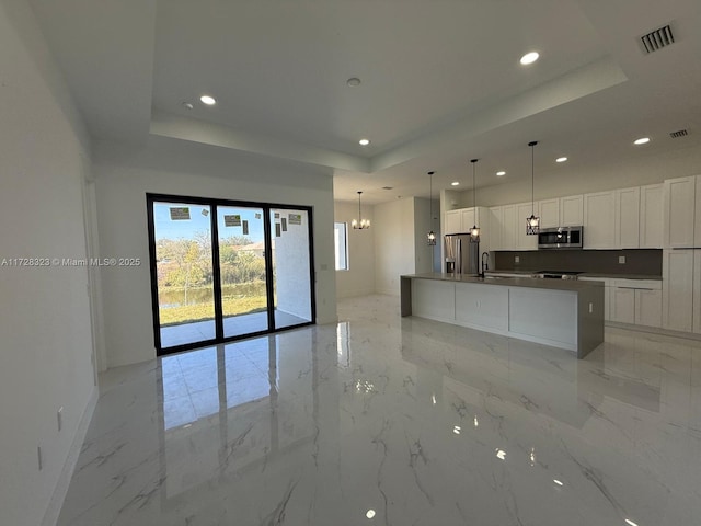 kitchen featuring a kitchen island with sink, a tray ceiling, stainless steel appliances, and white cabinetry