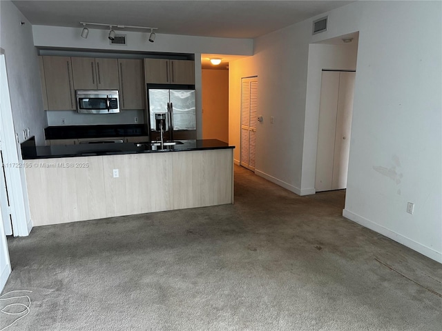 kitchen with dark colored carpet, appliances with stainless steel finishes, rail lighting, and sink