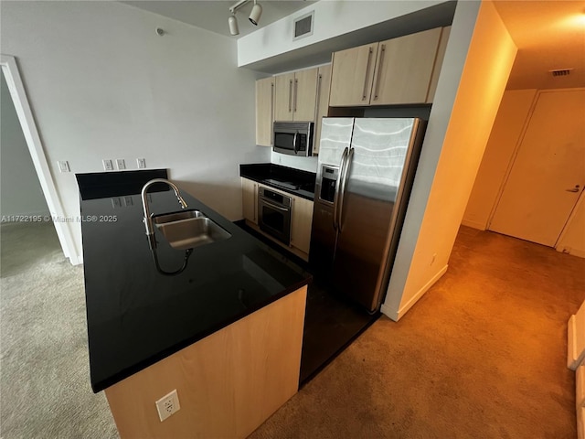 kitchen with light carpet, stainless steel appliances, and sink