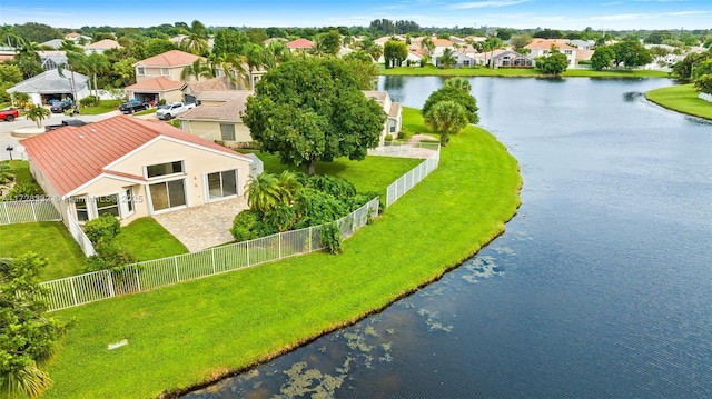 drone / aerial view with a water view