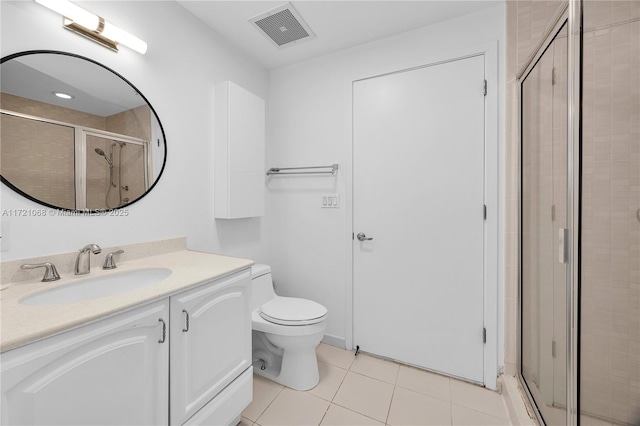 bathroom with vanity, toilet, tile patterned flooring, and an enclosed shower