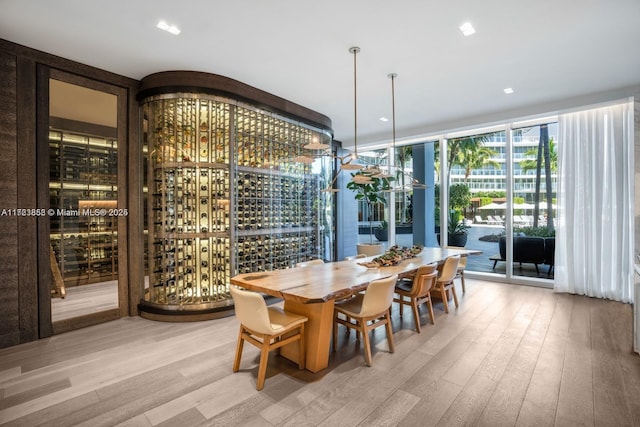 wine area featuring floor to ceiling windows and light wood-type flooring