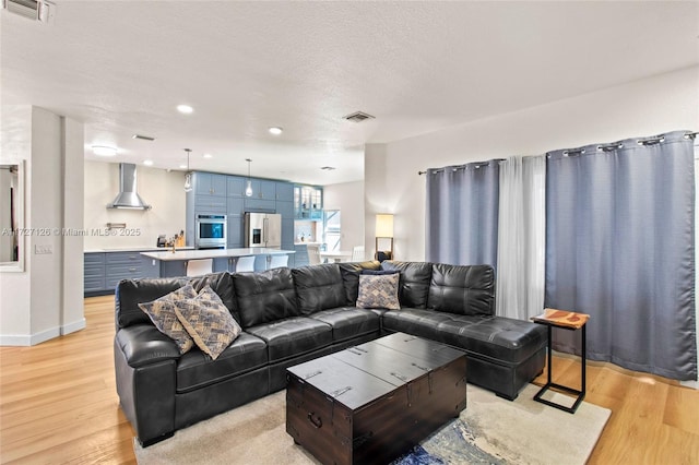 living room featuring a textured ceiling and light hardwood / wood-style flooring