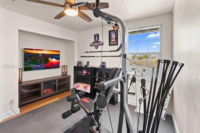 exercise room featuring ceiling fan, crown molding, a textured ceiling, and hardwood / wood-style flooring