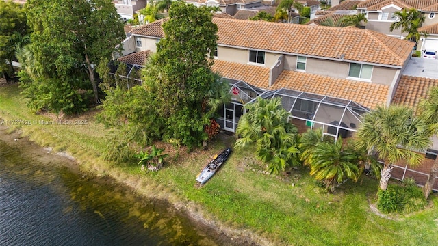 drone / aerial view with a water view