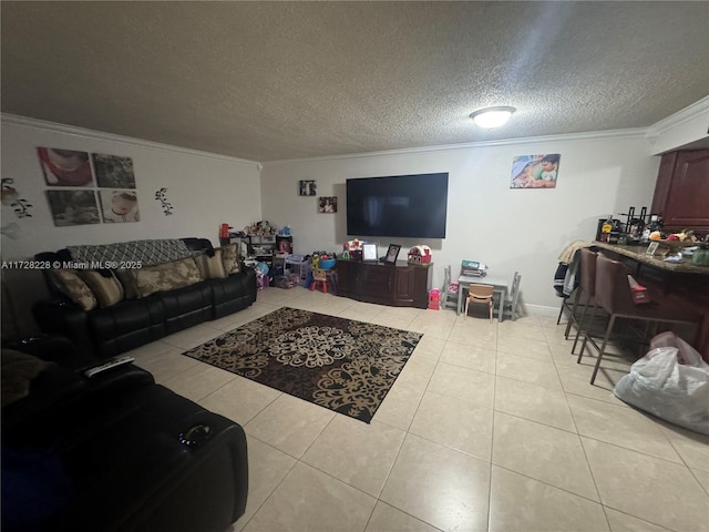 living room with a textured ceiling, light tile patterned floors, and crown molding