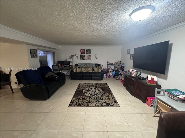 living room featuring light tile patterned flooring, crown molding, and a textured ceiling