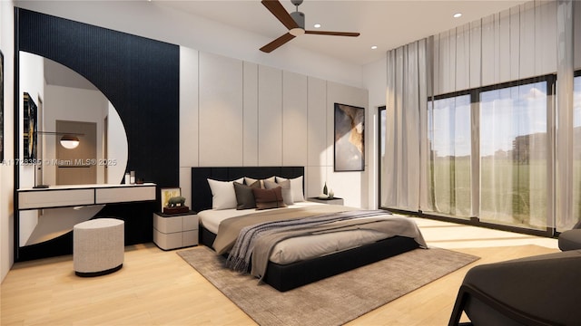 bedroom featuring light wood-type flooring and ceiling fan