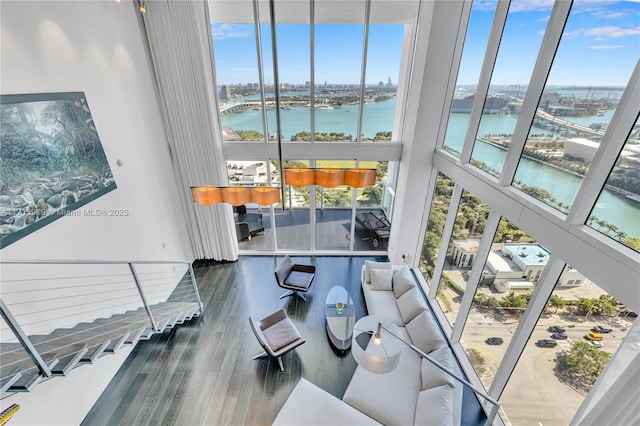 living room featuring a water view, dark wood-type flooring, and a wealth of natural light