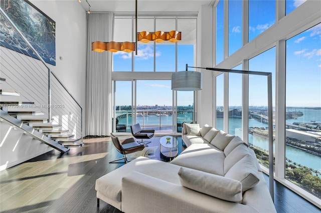 living room with a healthy amount of sunlight, a water view, and hardwood / wood-style floors