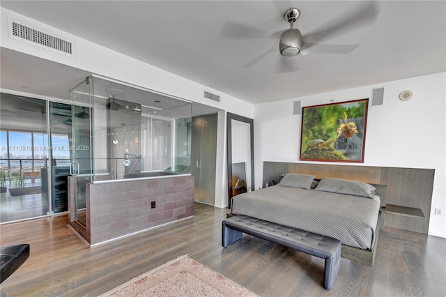 bedroom featuring ceiling fan, access to exterior, and hardwood / wood-style floors