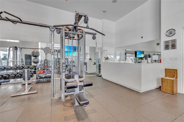 gym featuring a towering ceiling