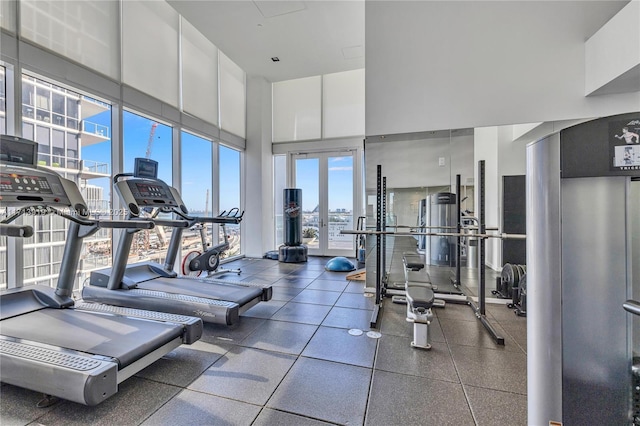 exercise room with a high ceiling and french doors