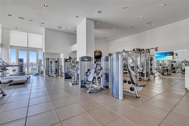 workout area featuring a high ceiling