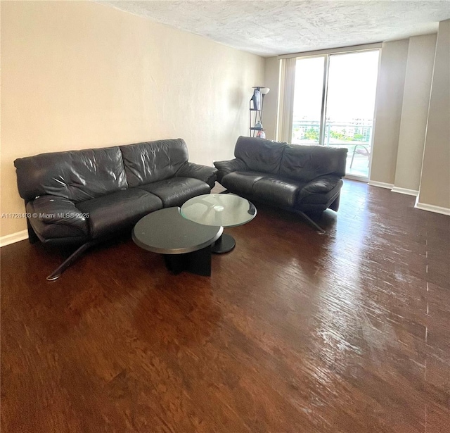 living room with a textured ceiling and dark wood-type flooring