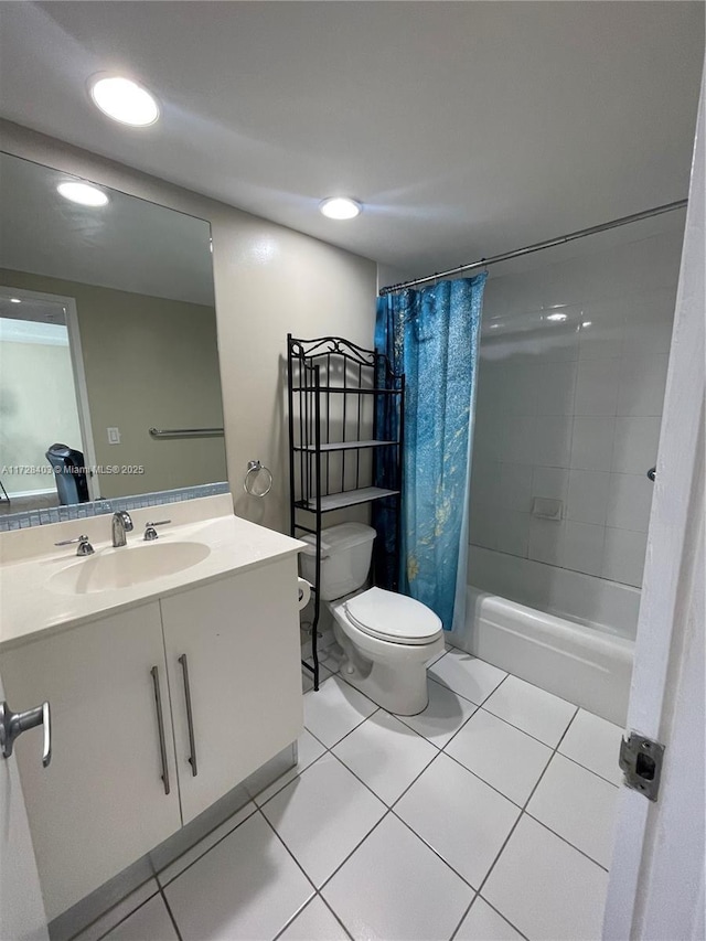 full bathroom with toilet, tile patterned flooring, shower / bath combo, and vanity