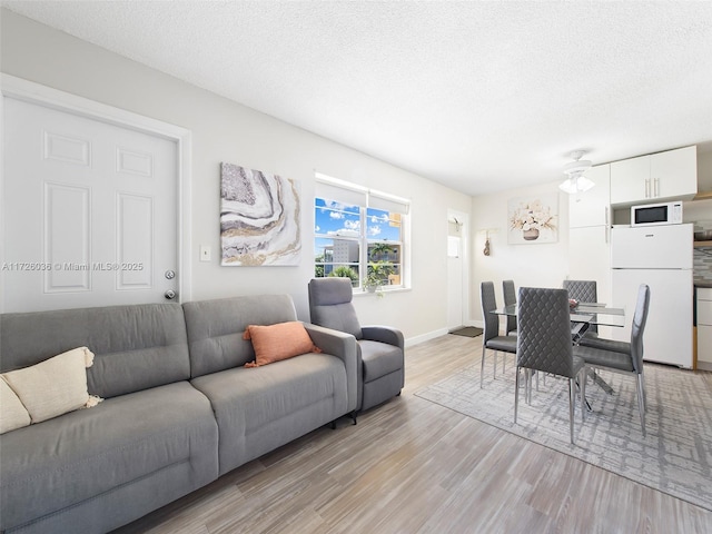 living room with a textured ceiling and light hardwood / wood-style floors