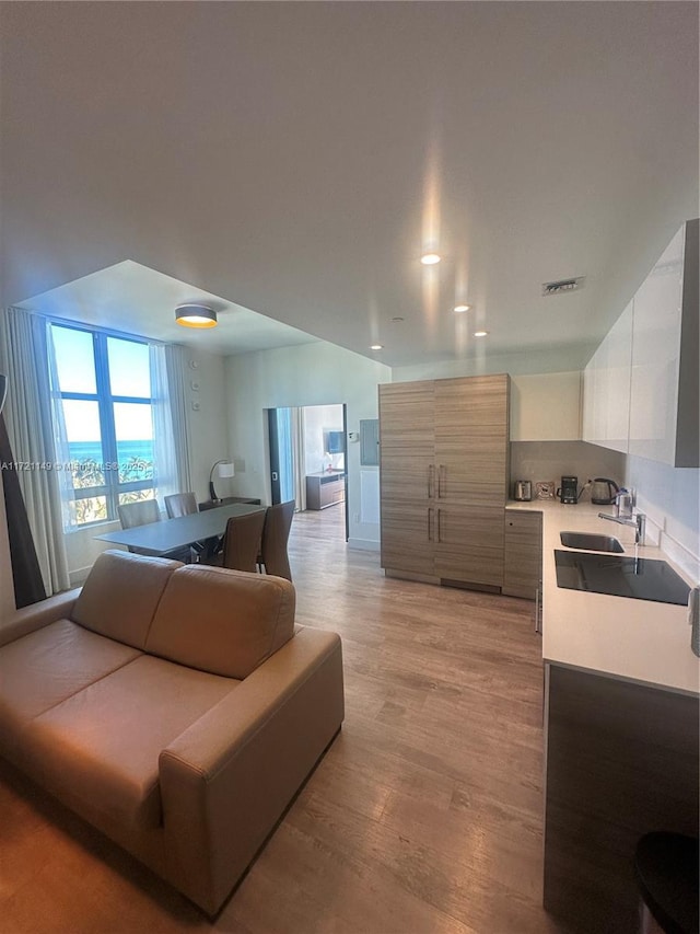 living room with light hardwood / wood-style floors and sink