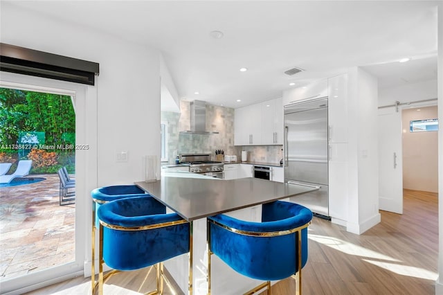 kitchen featuring premium appliances, white cabinetry, wall chimney range hood, backsplash, and kitchen peninsula