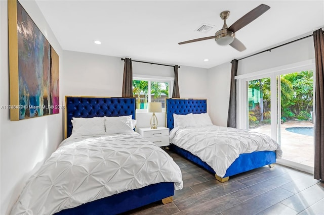 bedroom featuring ceiling fan and access to outside