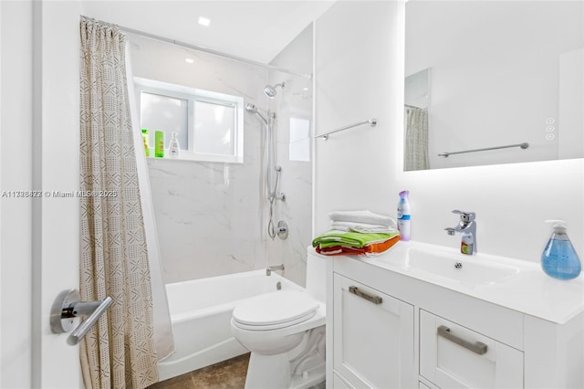 full bathroom featuring toilet, vanity, shower / bath combo, and tile patterned flooring