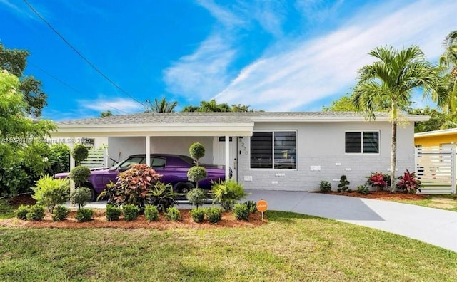 ranch-style house with a front yard and a carport