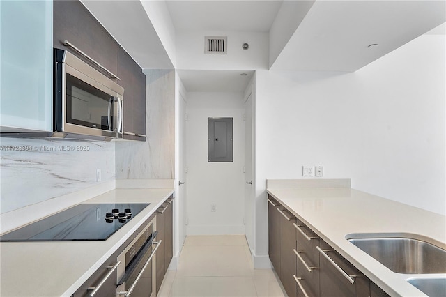 kitchen with sink, appliances with stainless steel finishes, light tile patterned flooring, and electric panel