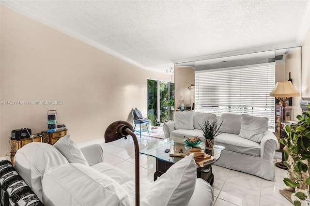 living room with a textured ceiling and crown molding