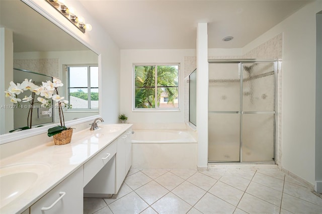 bathroom with vanity, independent shower and bath, and tile patterned floors