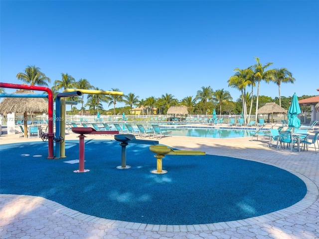 view of swimming pool with a patio