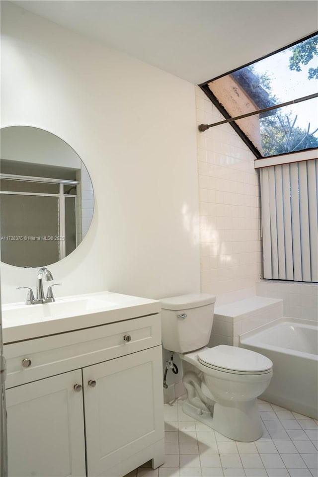 full bathroom featuring toilet, shower with separate bathtub, tile patterned floors, and vanity