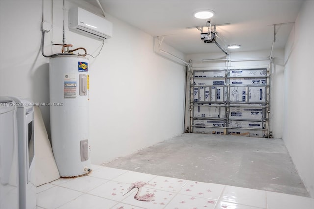 garage with an AC wall unit, water heater, and a garage door opener