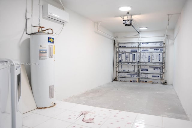 garage with water heater, a garage door opener, and a wall mounted air conditioner