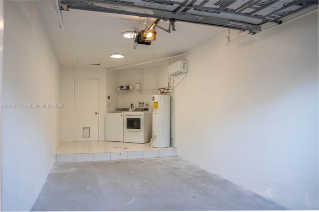 garage with a garage door opener, washer and clothes dryer, and gas water heater