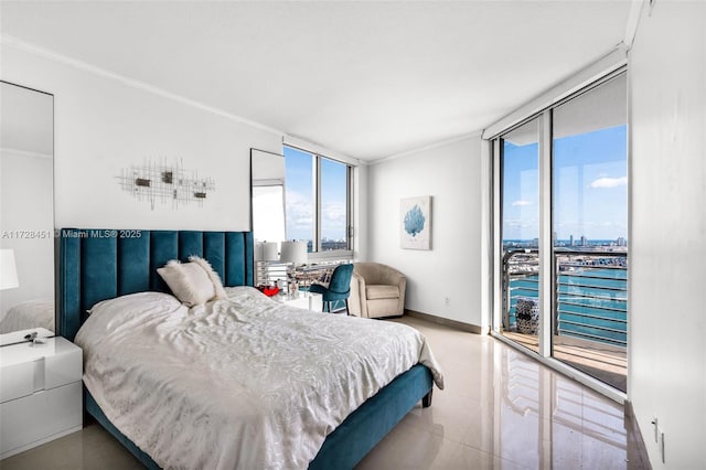 tiled bedroom with floor to ceiling windows and access to outside