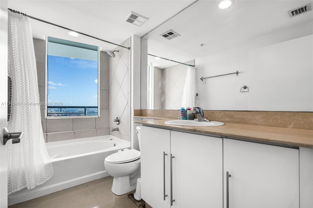 full bathroom with toilet, tile patterned flooring, shower / bath combination with curtain, and vanity