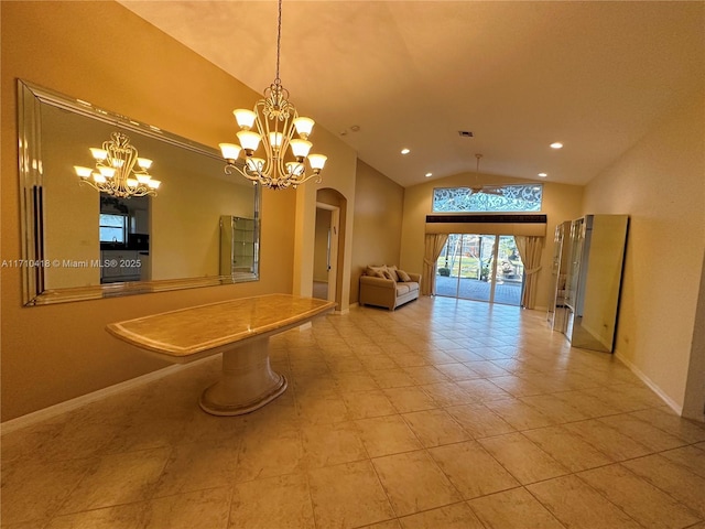 interior space featuring light tile patterned floors, high vaulted ceiling, and a chandelier