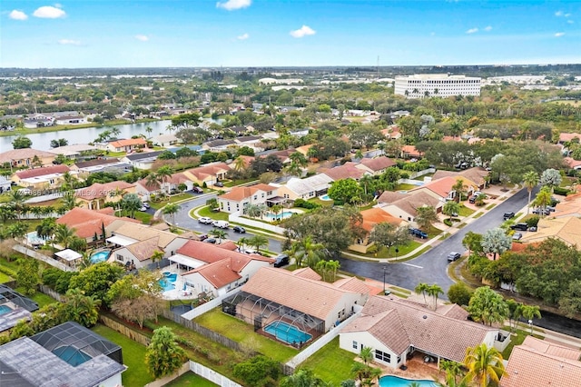 aerial view featuring a water view