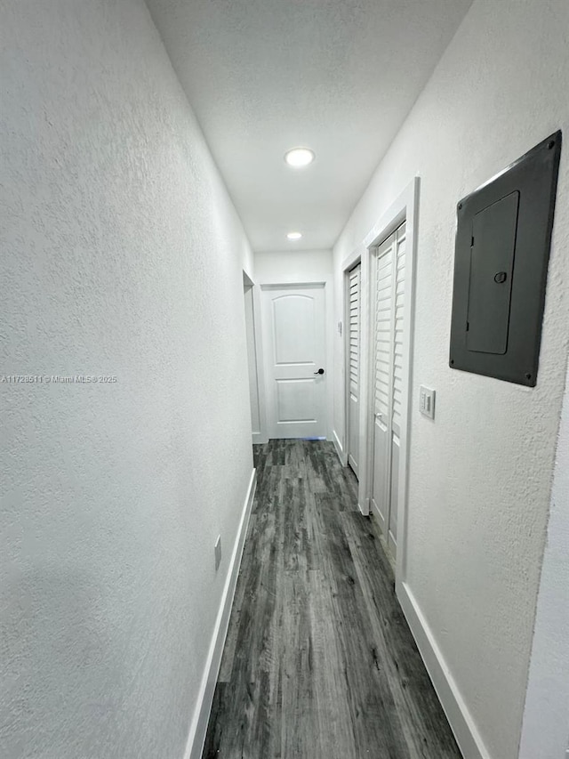 hall featuring electric panel and dark hardwood / wood-style floors