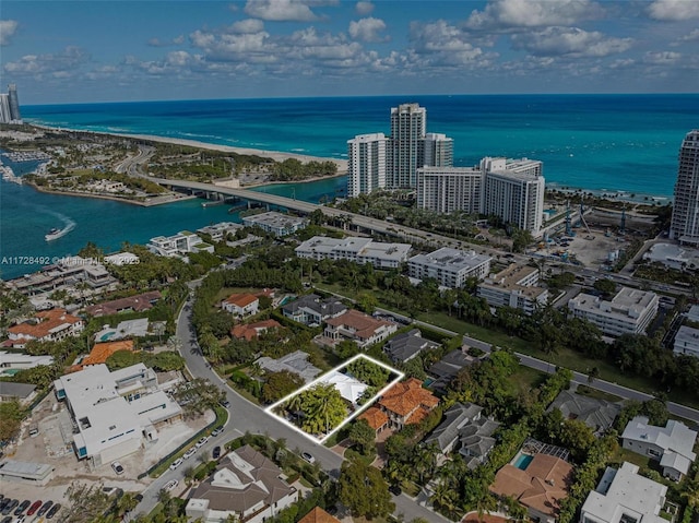 bird's eye view with a water view and a view of the beach