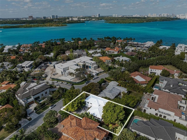 aerial view featuring a water view